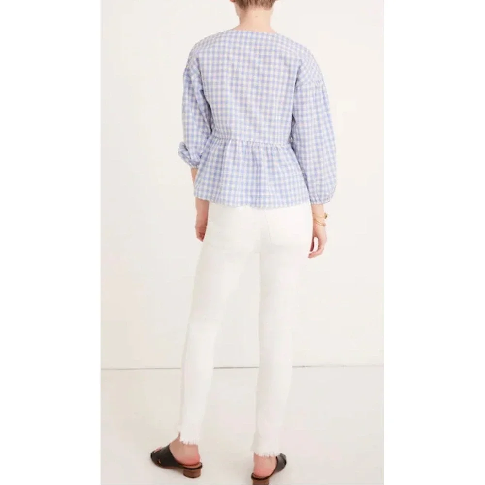 Madewell Gingham Peplum Top XS Blue White Bubble Puff Sleeve Faux Wrap‎ Blouse